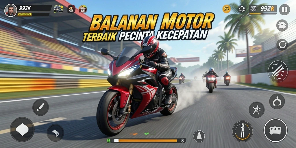 Tampilan gameplay 99ZK yang intens dalam balapan motor.