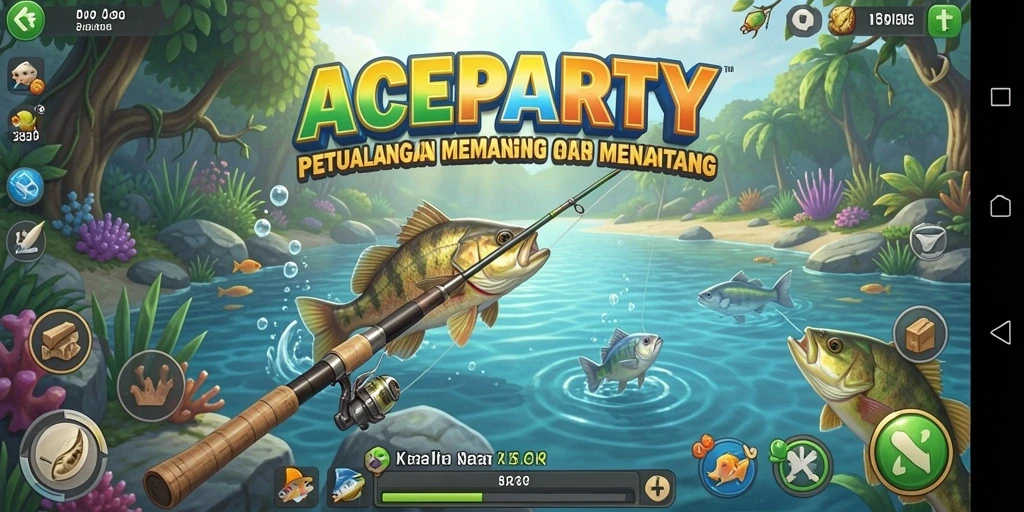 Tampilan gameplay ACEPARTY dengan berbagai jenis ikan dan lokasi memancing.