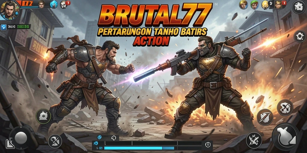 Tampilan gameplay BRUTAL77 menunjukkan aksi pertempuran yang mendebarkan.