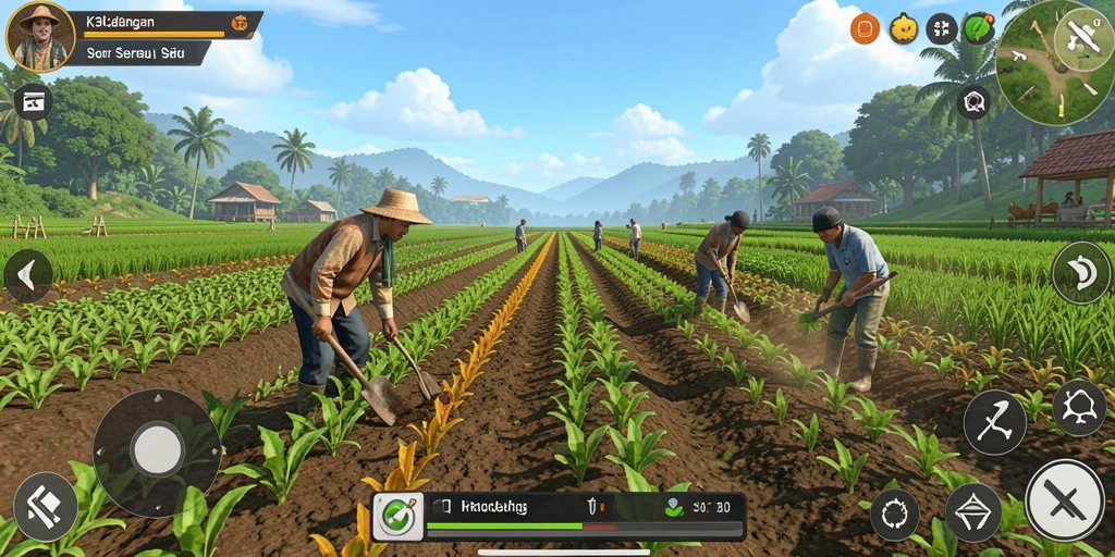 Tampilan gameplay K3K3 dengan aktivitas bertani yang menyenangkan.