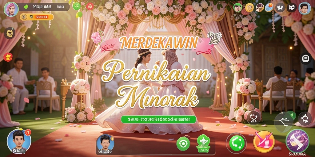 Screenshot gameplay MERDEKAWIN menampilkan momen persiapan pernikahan yang penuh warna.