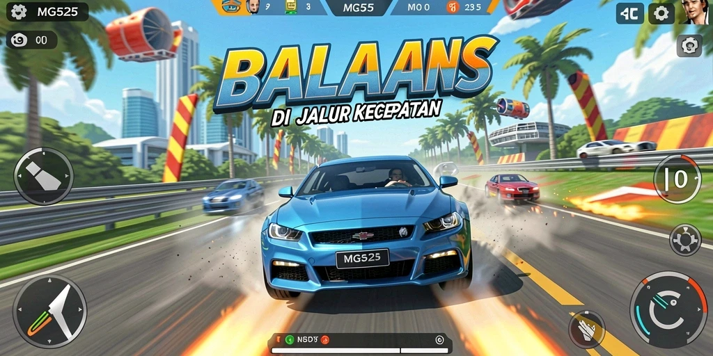 Screenshot utama MG525 menampilkan aksi balapan yang intens.
