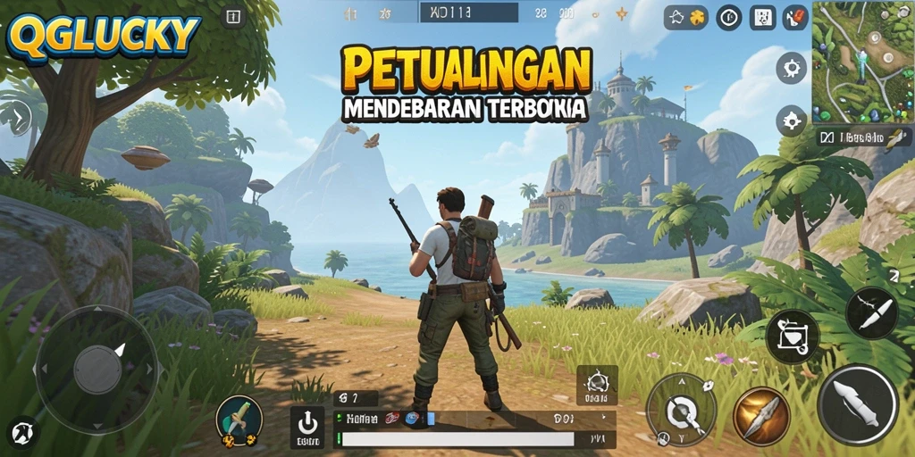 Tampilan gameplay utama QGLUCKY dengan pemandangan dunia terbuka yang luas.