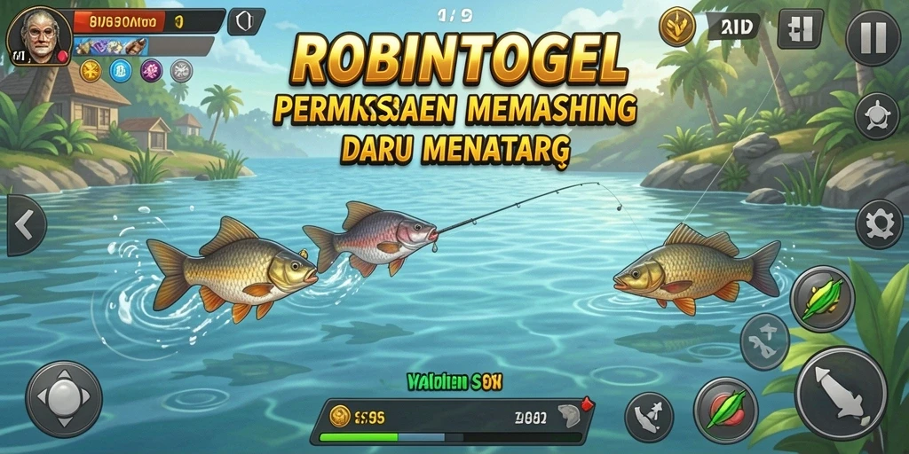 Tampilan gameplay <strong>ROBINTOGEL</strong> yang menarik dengan ikan dan lokasi memancing.