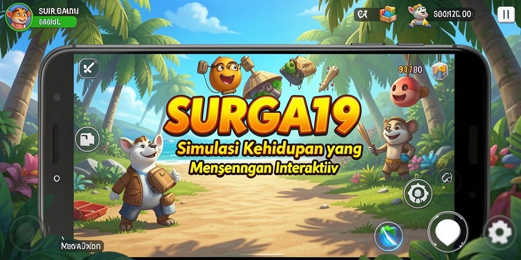 Tangkapan layar gameplay SURGA19 menampilkan interaksi karakter dan kustomisasi lingkungan.