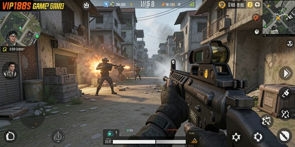 Screenshot gameplay VIP188 menampilkan pertempuran FPS yang seru dan mendebarkan.
