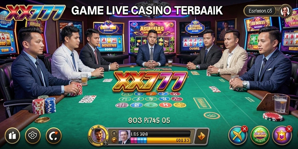 Screenshot XXX777 menampilkan dealer dan pemain dalam permainan Live Casino yang mengasyikkan.